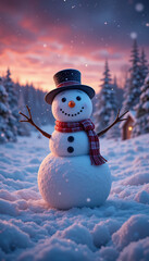 Fototapeta premium Smiling snowman stands proudly in soft winter twilight light. AI Generated