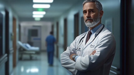 Fototapeta premium A lifelike image of a serious middle-aged physician with a contemplative look