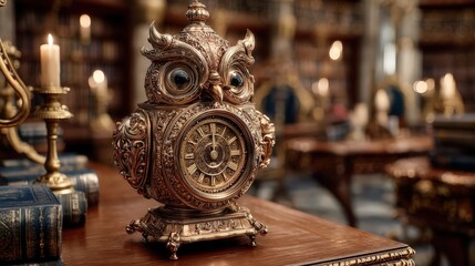 Antique Owl Clock on Wooden Table in Luxurious Library Setting Intricate Design Vintage Timepiece