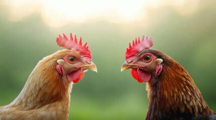 Fototapeta premium Two chickens face each other, showcasing their vibrant feathers and distinct combs, creating lively and engaging scene in natural setting. background is softly blurred, enhancing focus on birds