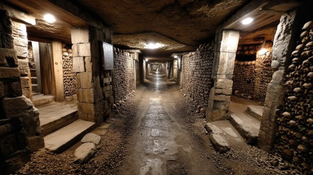 Dark and eerie catacombs pathway lined with human skulls and bones old stone walls dimly lit underground Paris catacombs