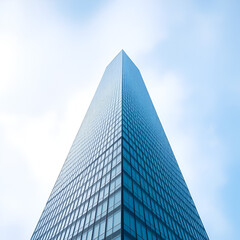 A modern skyscraper with a sleek, glass facade reaches upward against a soft, blue sky, creating an impressive and striking architectural presence.
