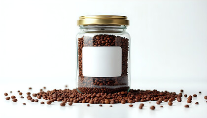 A mockup of A glass jar filled with coffee beans on a white surface.
