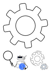 Robot holding magnifying glass inspecting gears, emphasizing analysis, technology, teamwork, and problem-solving. Ideal for AI, automation, innovation, workflow productivity research flat simple