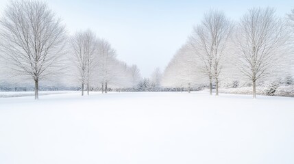 Winter wonderland landscape.  Covered in frost and snow, a serene, untouched vista of trees and a field