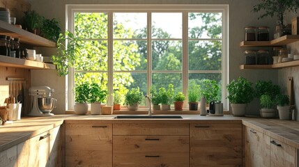 Sunny kitchen with herbs, garden view, and wooden cabinets