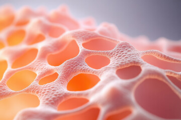 This showcases close up view of textured surface with network of holes and bubbles, resembling organic or cellular structures. soft pink tones create calming and intriguing visual effect