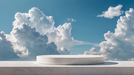 Minimal podium table top in outdoor on blue sky white cloud background. Beauty cosmetic product placement pedestal modern stand display, surreal paradise dreamy concept.