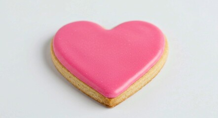A single heart-shaped cookie with bright pink icing, perfectly centered on a plain white background, conveying a message of love or sweetness