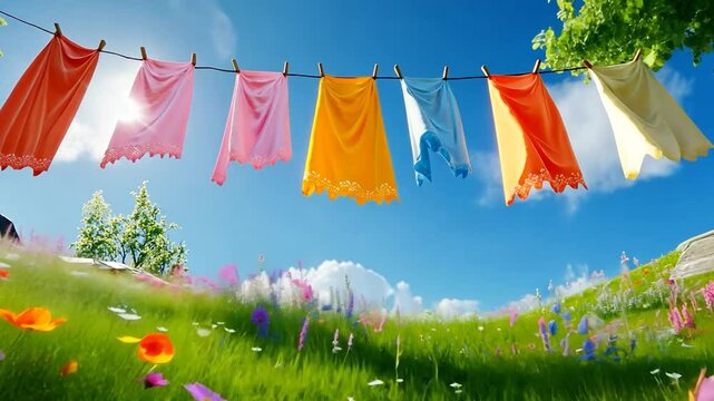 Colorful clothesline in a meadow under a sunny sky