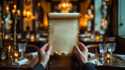 hands holding parchment scroll old paper vintage antique message invitation menu medieval history

