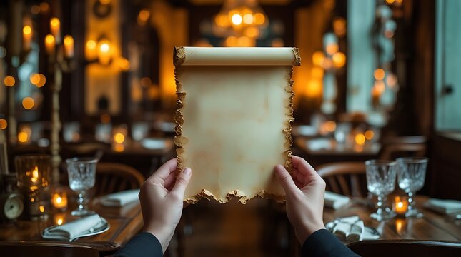 hands holding parchment scroll old paper vintage antique message invitation menu medieval history

