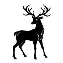 Black Elegant deer silhouette with detailed antlers isolated on transparent background