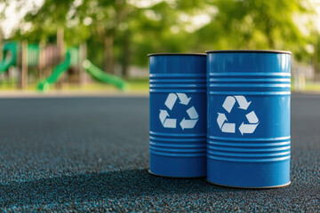 Recycling bins in park setting, showcasing commitment to sustainability and environmental care. blue metallic barrels feature recycling symbol, emphasizing eco friendliness