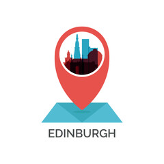 UK Scotland, Edinburgh map pin point, geolocation, skyline shape vector logo, icon, isolated illustration. United Kingdom web townscape with landmarks and buildings