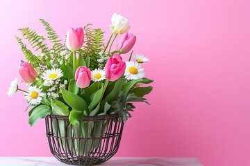 Spring floral arrangement in a wire basket.