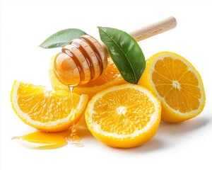 Yuzu citrus with honey Fresh oranges with honey drizzling, garnished with leaves. The fusion of two elements concept.