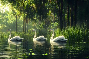 Serene Swans Gliding on Calm Waters Amid Lush Greenery