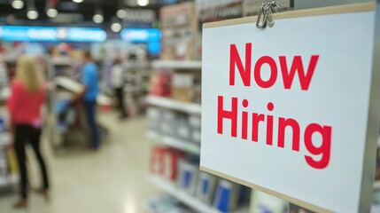 A "Now Hiring" notice displayed in a retail store with employees working in the background.