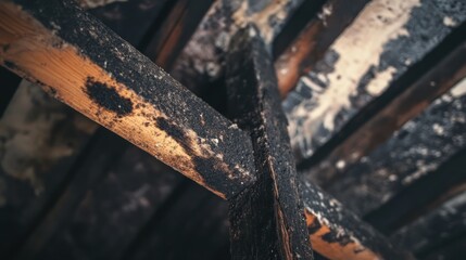 Charred wood beams, fire damage, attic, soot, close-up, insurance claim