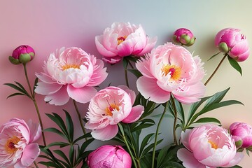 Fototapeta premium Soft Pastel Gradient Background with Delicate Pink Peony Flowers for Love Letters and Greeting Cards