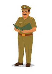 Vector illustration of a Indian police officer reading or reviewing a file or report, symbolizing investigation, duty, responsibility, law enforcement, and administrative work.