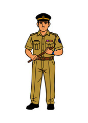 Vector illustration of a Indian police officer standing with a baton in both hands, wearing a uniform and cap, symbolizing authority, discipline, law enforcement, and readiness.