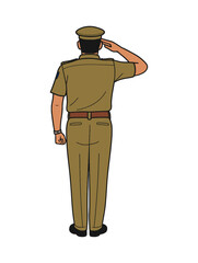 Vector illustration of a Indian police officer saluting from the back, symbolizing respect, discipline, duty, and commitment to service in law enforcement and public safety.