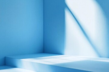 Empty Blue Corner Stage with Sunlight and Shadows: Ideal Background for Product Display