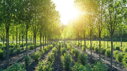 Fototapeta premium A tree nursery filled with tall, healthy trees under the bright sun.