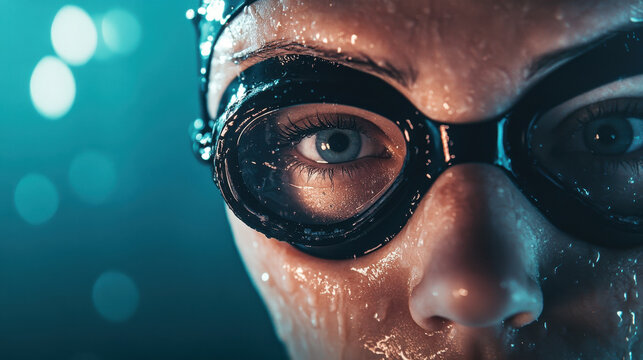 focused female swimmer with goggles, showcasing determination and intensity. water glistens on her face, highlighting her commitment to sport