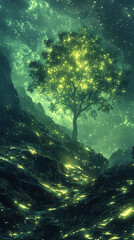 Obraz premium Dreamy Bioluminescent Landscape Glowing Tree in Enchanting Night