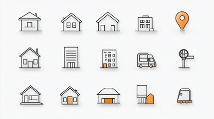 A set of 15 outline icons in line style representing various buildings and locations