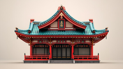 Fototapeta premium Pixel Art Japanese Temple with Red Facade Turquoise Roof and Stone Steps