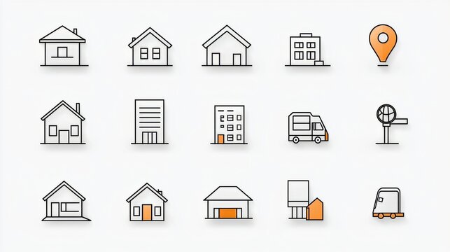 A set of 15 outline icons in line style representing various buildings and locations