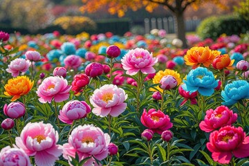 Stunning Colorful Peony Flower Field in a Bright Autumn Garden