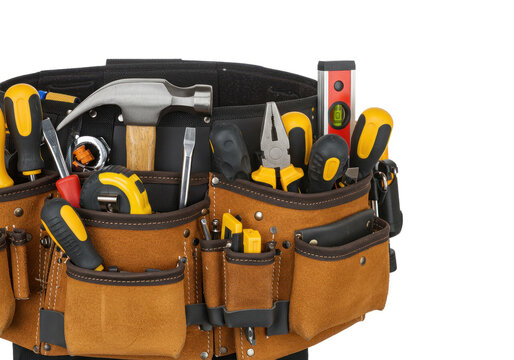 Tool belt filled with various tools hanging 