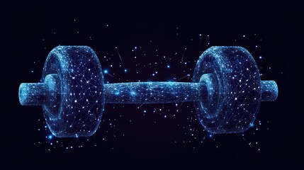 Digital dumbbell, glowing, dark background, fitness, website design