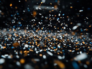 Multicolor confetti rain with depth of field on dark background
