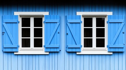 Two windows with blue shutters on a light blue wall