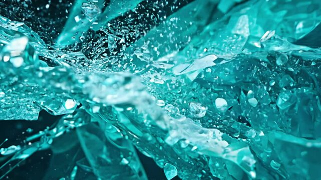 Tracking video of intense intersection of royal blue ice crystals and liquid turquoise streams crashing together, sparkling fragments accentuated by strong light contrasts