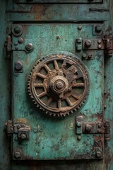 Rusted teal metal panel with gears and latches