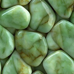 A close-up view of polished green stones featuring a smooth surface and natural veining, creating an appealing, tranquil aesthetic.