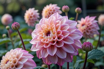 Fototapeta premium Close-Up of a Blooming Dahlia Showcasing Petal Details in a Lush Outdoor Environment
