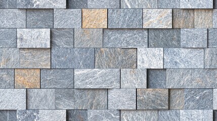 A textured wall made of rectangular stone tiles in varying shades of gray, featuring subtle variations and patterns that create a visually appealing design.