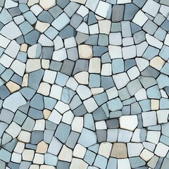 A patterned mosaic design featuring various shades of blue and white tiles arranged in a visually appealing layout.