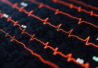 Fototapeta premium Close up of a heartbeat monitor displaying steady rhythm, hinting at calmness or tension in a hospital room.