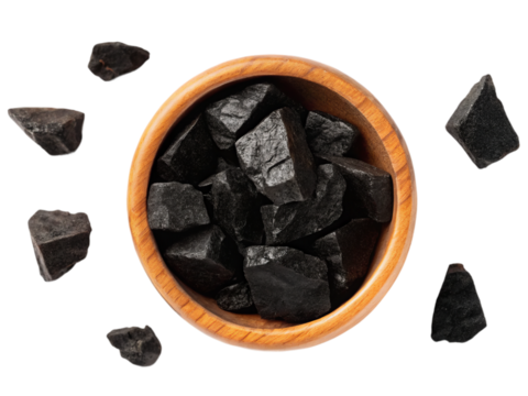 Shilajit on single wooden bowl isolated on white background. Suitable for marketing or business purposes. PNG file