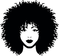 Bold Front-Facing Afro Woman Silhouette with Defined Curls – Ideal for Afrocentric SVGs, Feminist Crafts, Natural Hair Empowerment Art, Beauty Logo Designs, and Cultural Print Projects