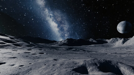 breathtaking view of Milky Way galaxy from lunar landscape, showcasing vastness of space with stars twinkling background and distant planet visible. scene evokes sense of wonder and exploration
